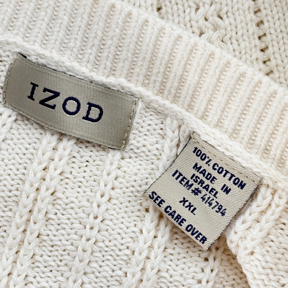 VTG IZOD Ivory Cable Knit Cotton‎ Fisherman Sweater Mens XXL Embroidered Crest - Picture 6 of 6